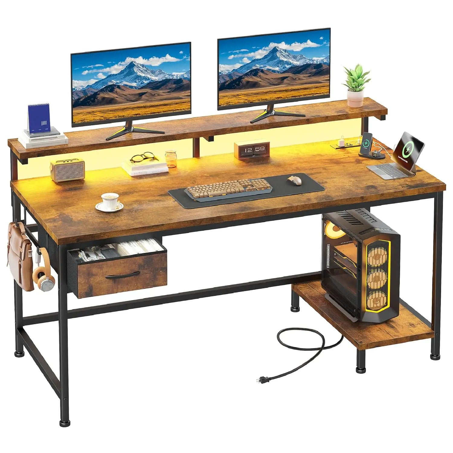 39.3" Gaming Desk with Power Outlet and LED Lights