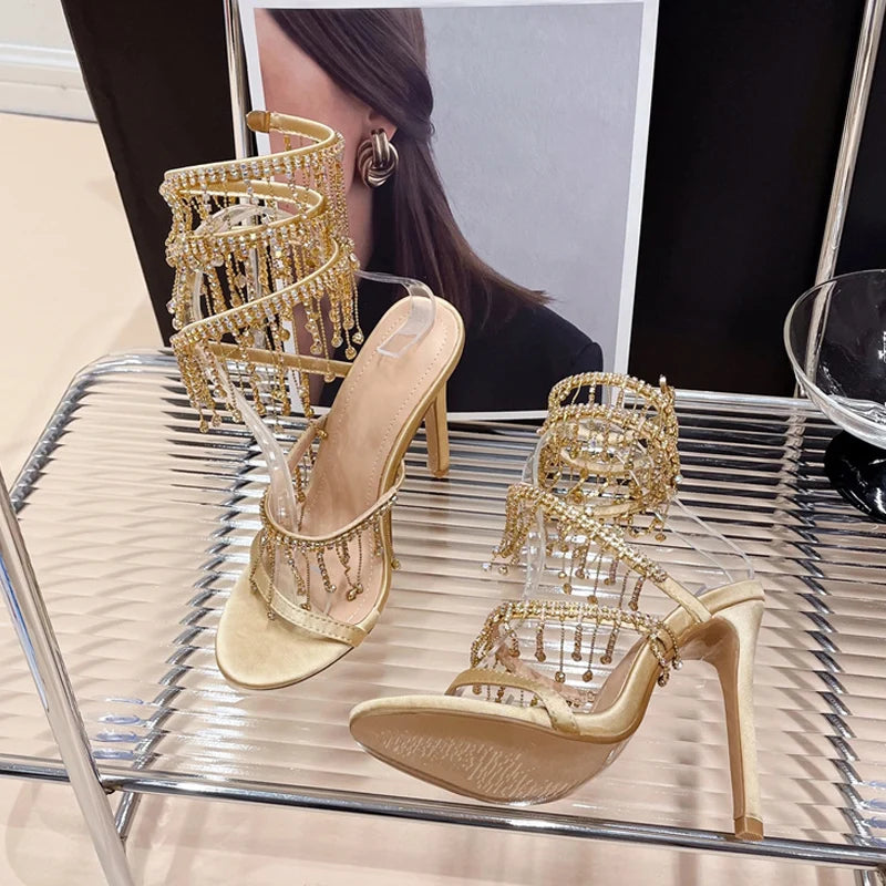 Crystal Tassel Twining Stiletto Sandals