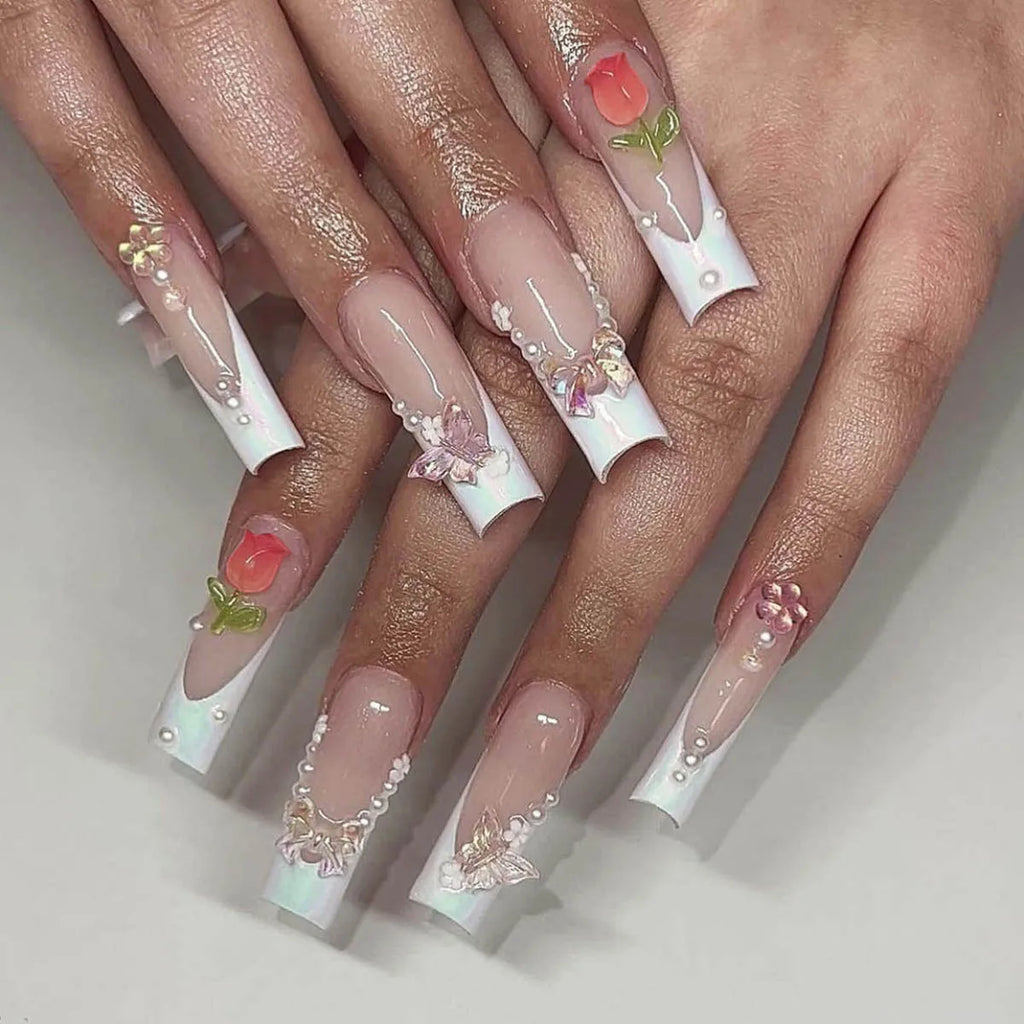 24Pc Long Ballet False Nails Pink Butterfly with Rhinestones French Design