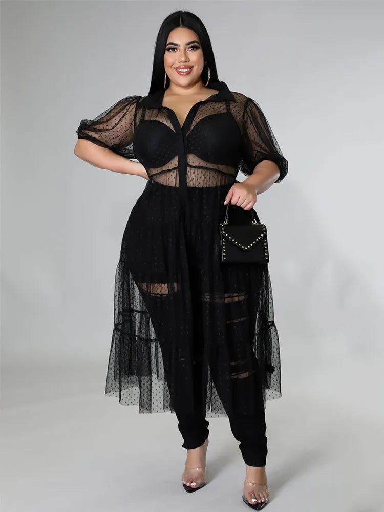 Short Sleeve Summer Mesh Transparent Sexy Black Dress