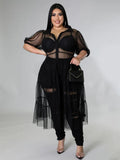 Short Sleeve Summer Mesh Transparent Sexy Black Dress
