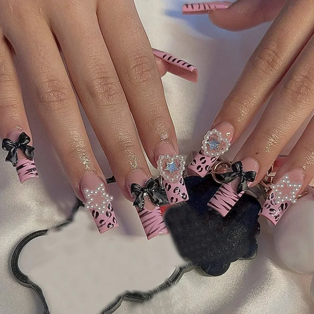 24Pc Long Ballet False Nails Pink Butterfly with Rhinestones French Design