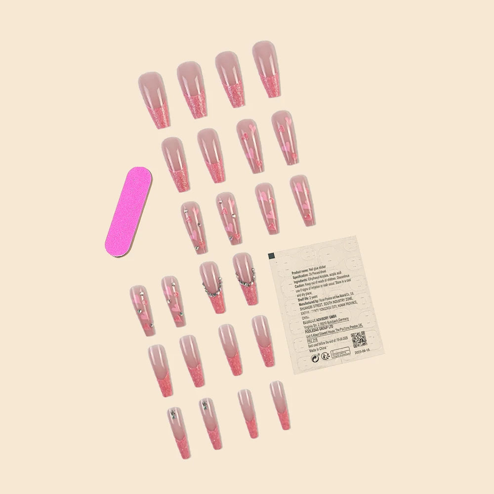 24Pcs/Set Long Ballet French Heart Glitter Press on Nails
