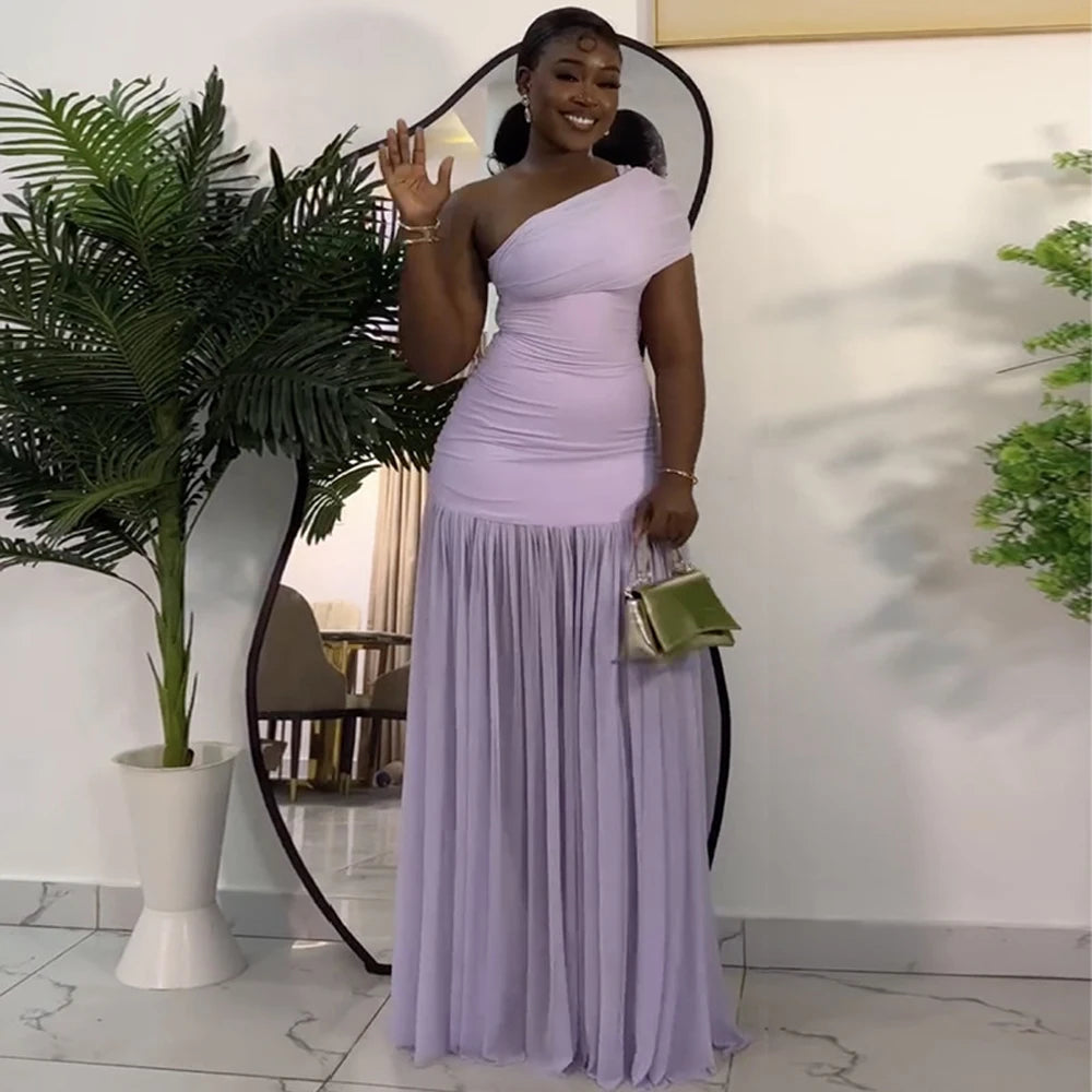 Elegant Skew Neck One Sleeve Off Shoulder Mesh Slit Long Dress