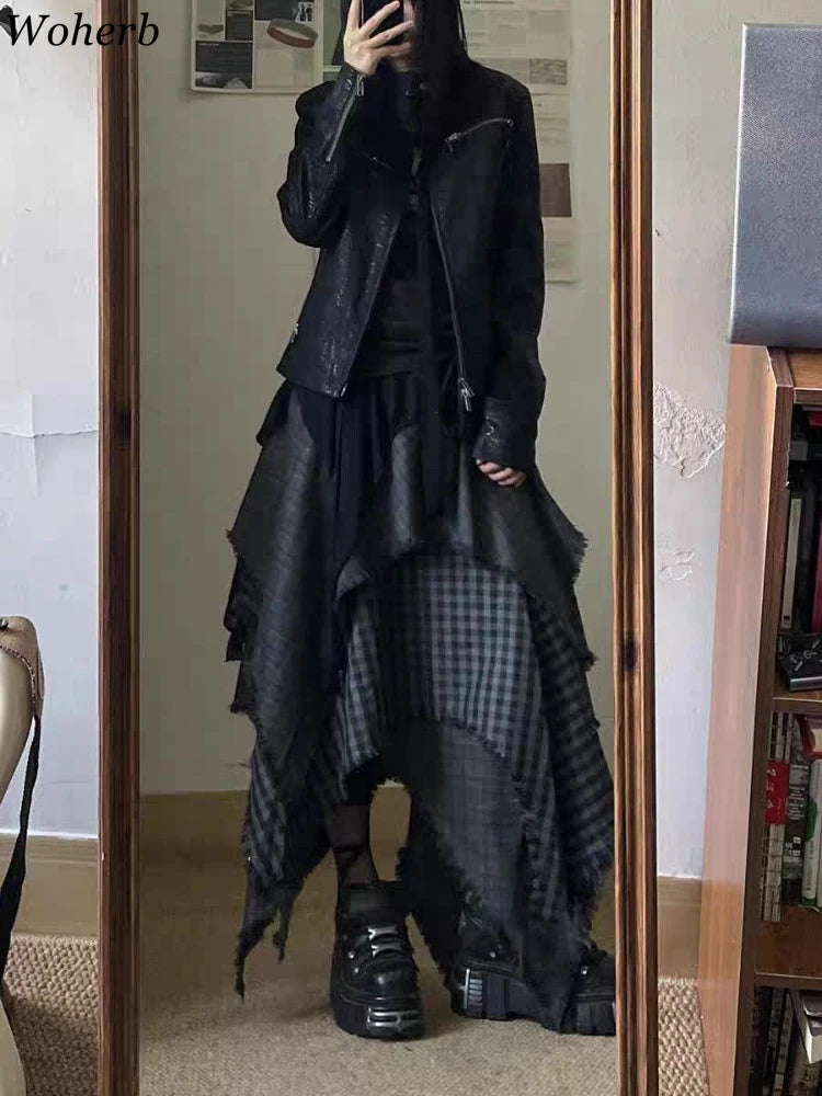 Irregular Plaid Women Skirt , High Waist A-line Skirt