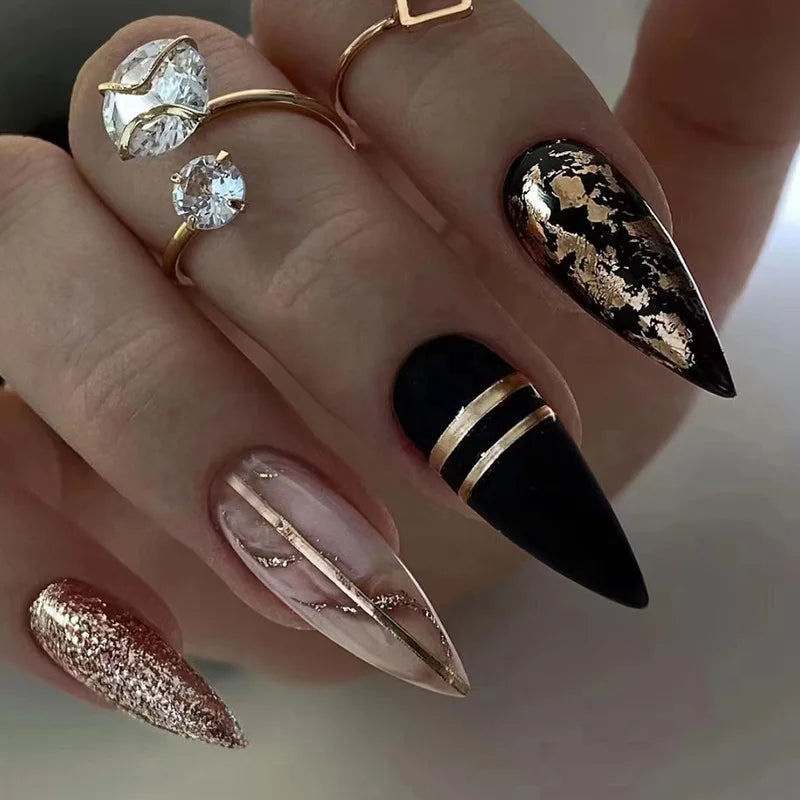 24Pc Black Butterfly Diamond Halloween Long Almond Press on Nails Tips