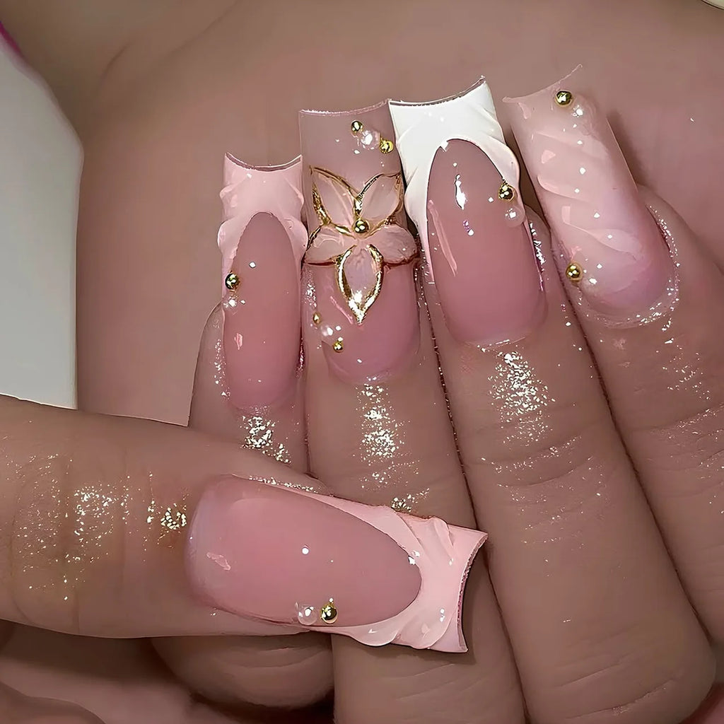 24Pcs Long Coffin French Press on Acrylic Nails