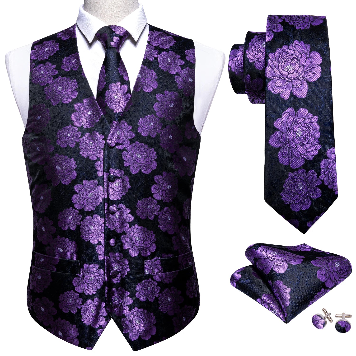 Men Vest Tie Hanky Cufflinks Set