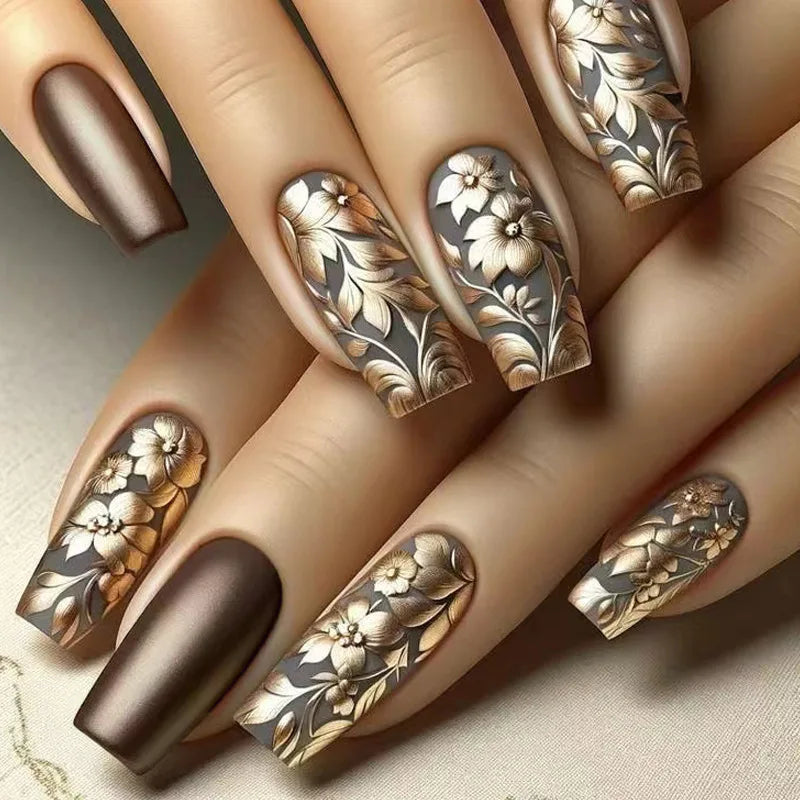 24pc Press on Nails Flower Design Mid-length Ballet