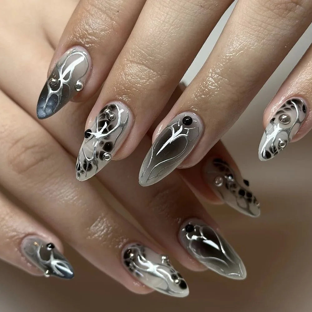 24Pc Black Butterfly Diamond Halloween Long Almond Press on Nails Tips