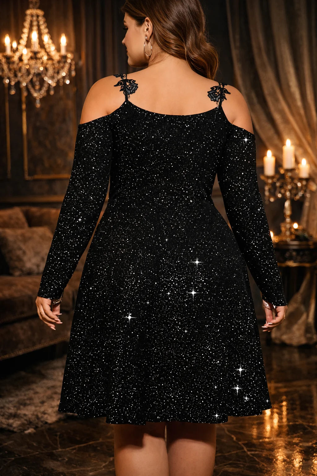 Women’s Black Off Shoulder Sequin Velvet Dress