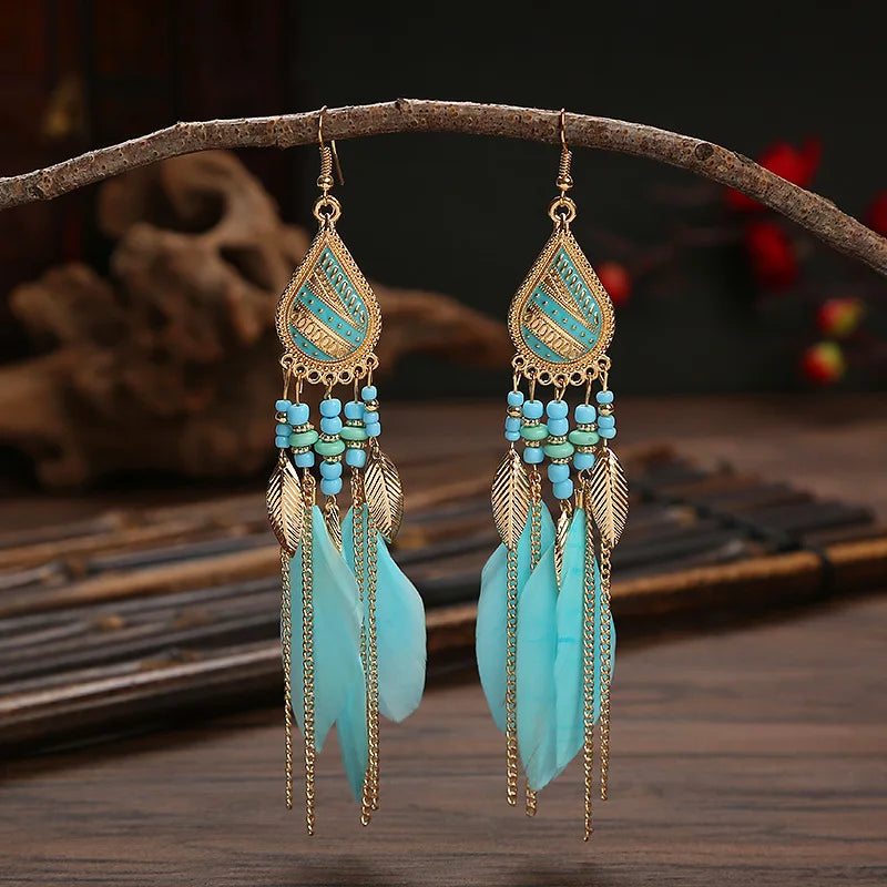 Boho Long Feather Dangle Earrings