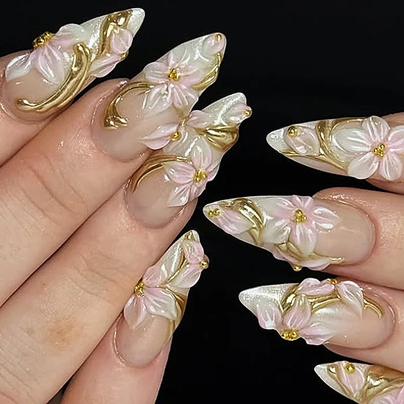 24Pcs Mid-length Gilded Almond Nails Set Press on Nails