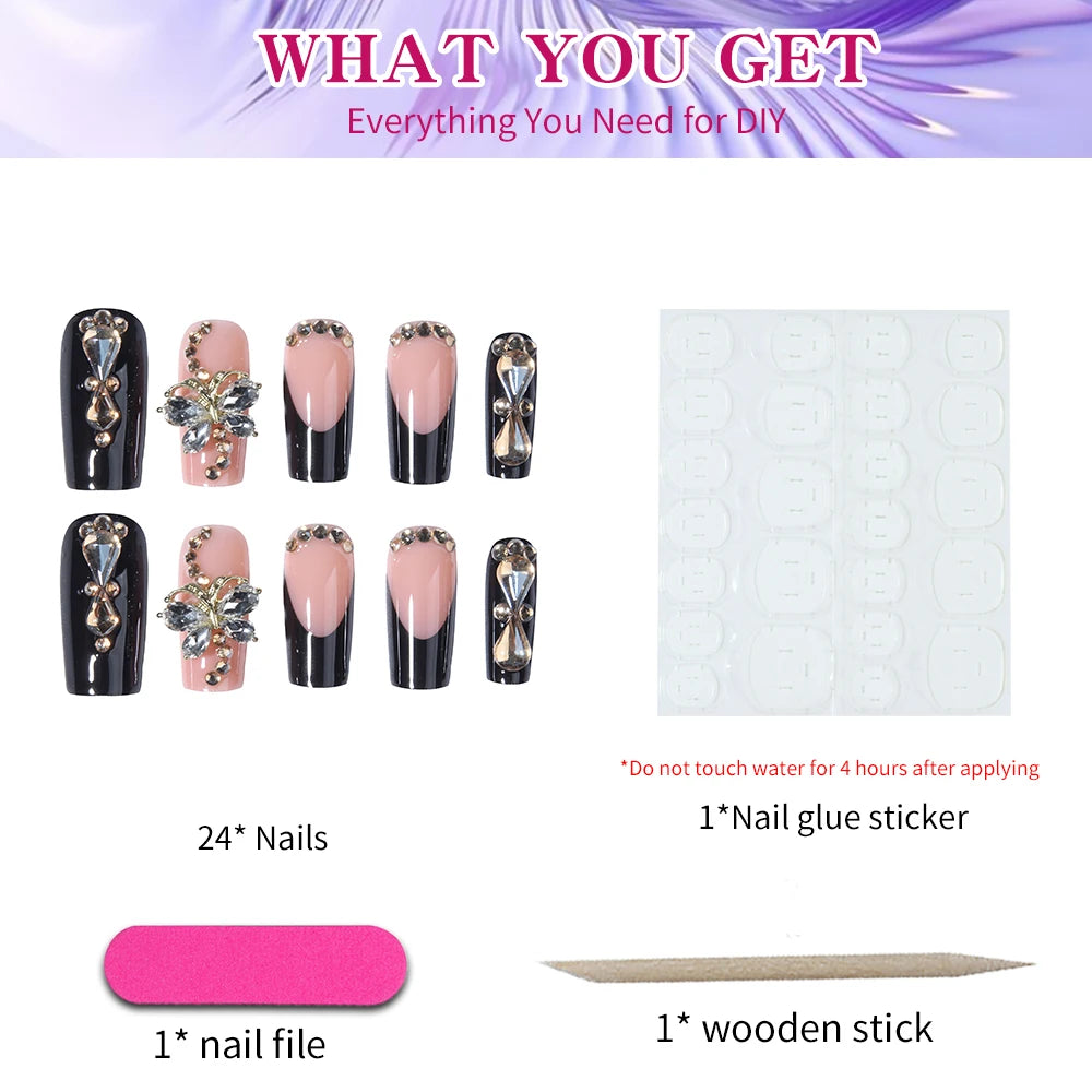 24Pcs Medium Square 3D Alloy Butterfly With Rhinestone Design Black French Tip Press On Nails