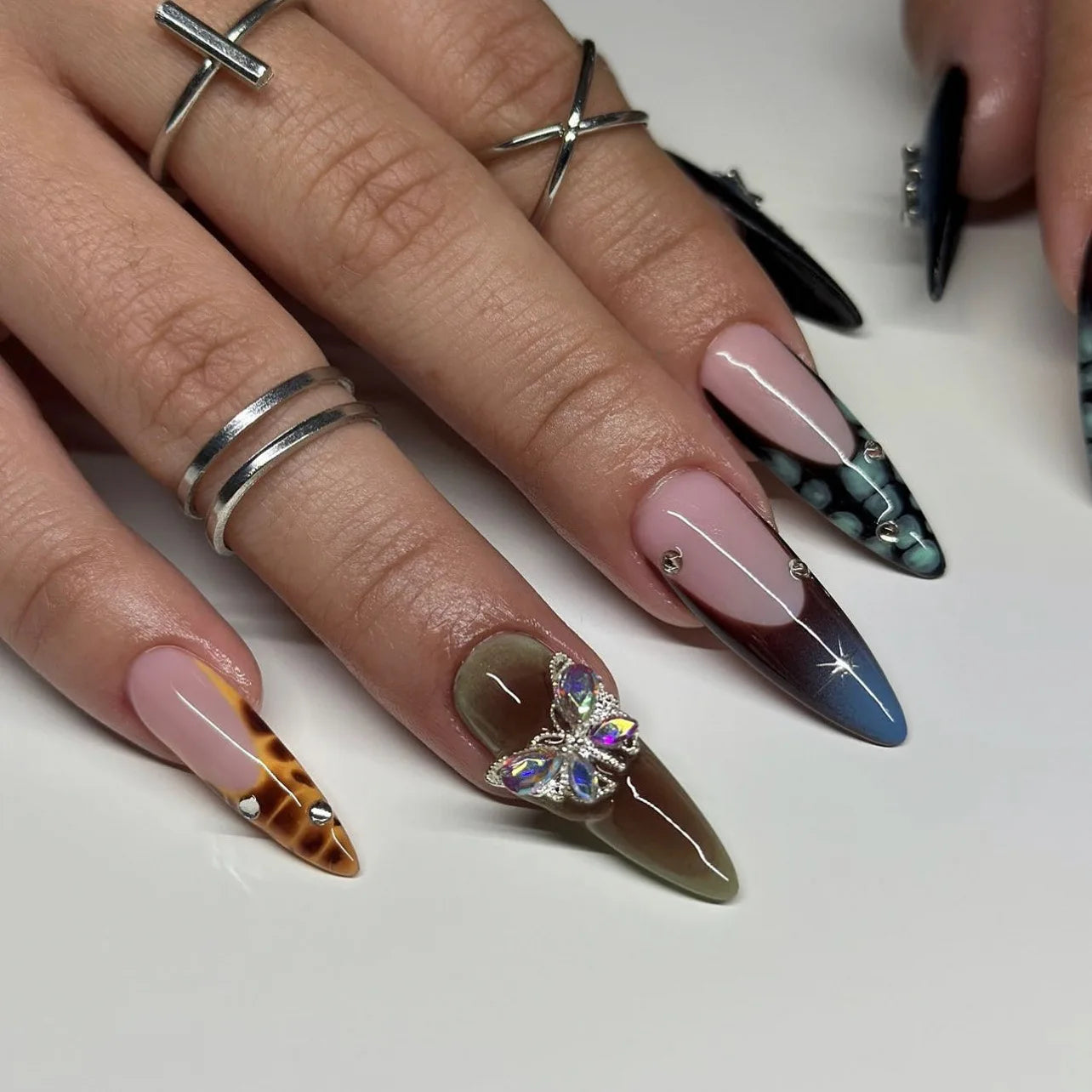24Pc Black Butterfly Diamond Halloween Long Almond Press on Nails Tips