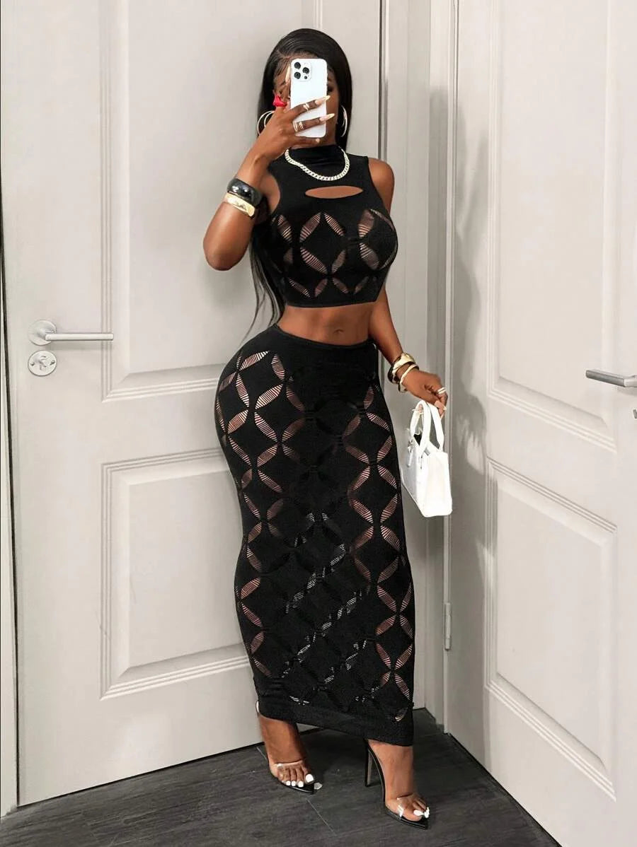 2PCS Women's See Through Mesh Hollow Out Crop Tank & High Waist Bodycon Mini Skirt