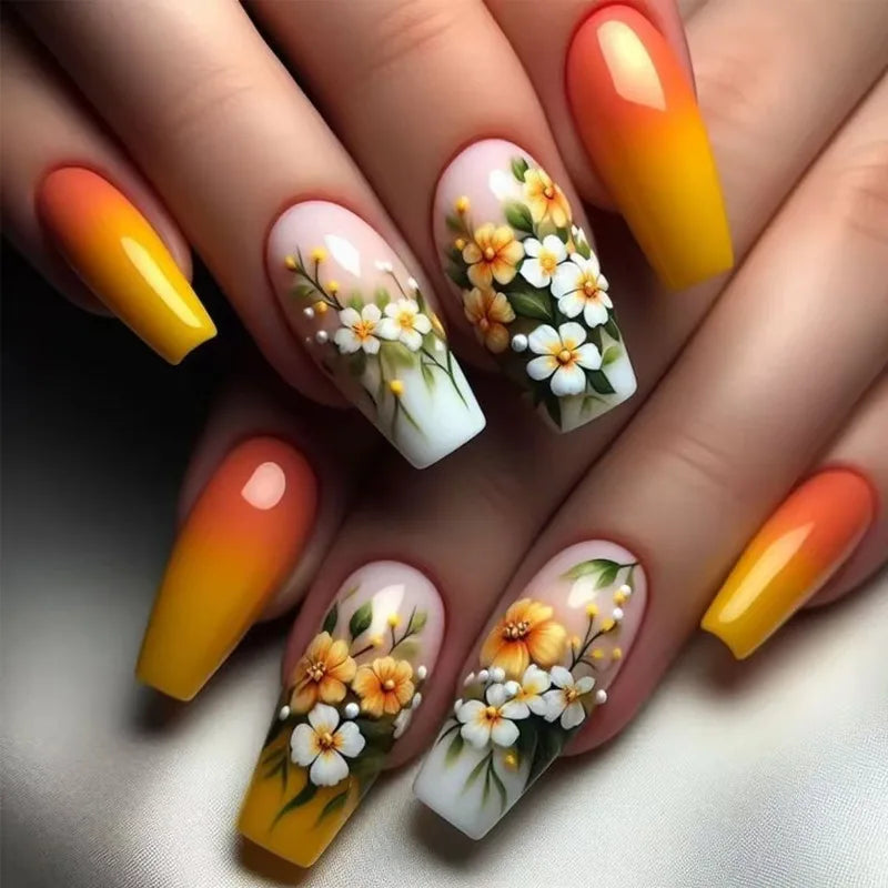 24pc Press on Nails Flower Design Mid-length Ballet