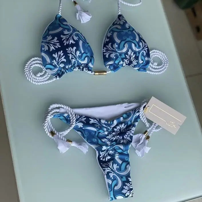 Ladies Sexy Printed Rope Bikini Split Swimsuit