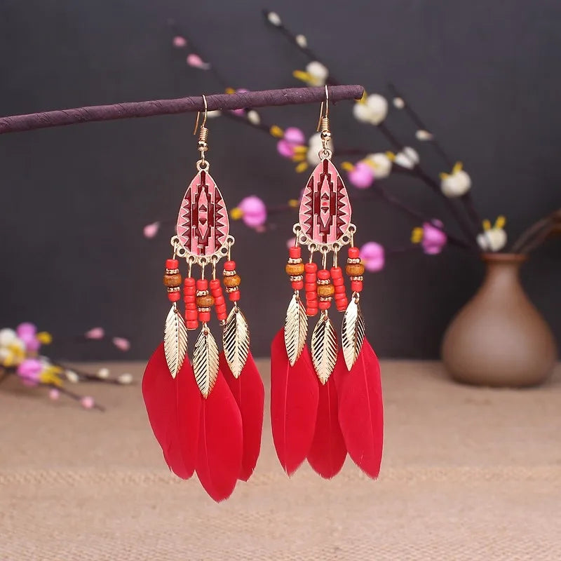 Boho Long Feather Dangle Earrings