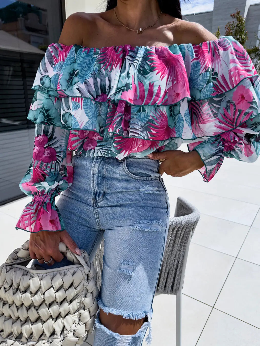 Women's Off Shoulder Floral Print Blouse with Tiered Ruffles