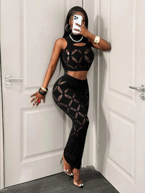2PCS Women's See Through Mesh Hollow Out Crop Tank & High Waist Bodycon Mini Skirt