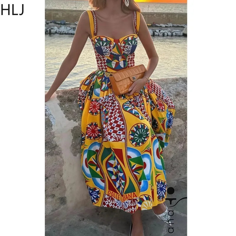 Multicolor Print Spaghetti Strap Elastic Backless Dress