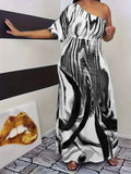 Plus Size Printed Single Sleeved Off Shoulder Dress