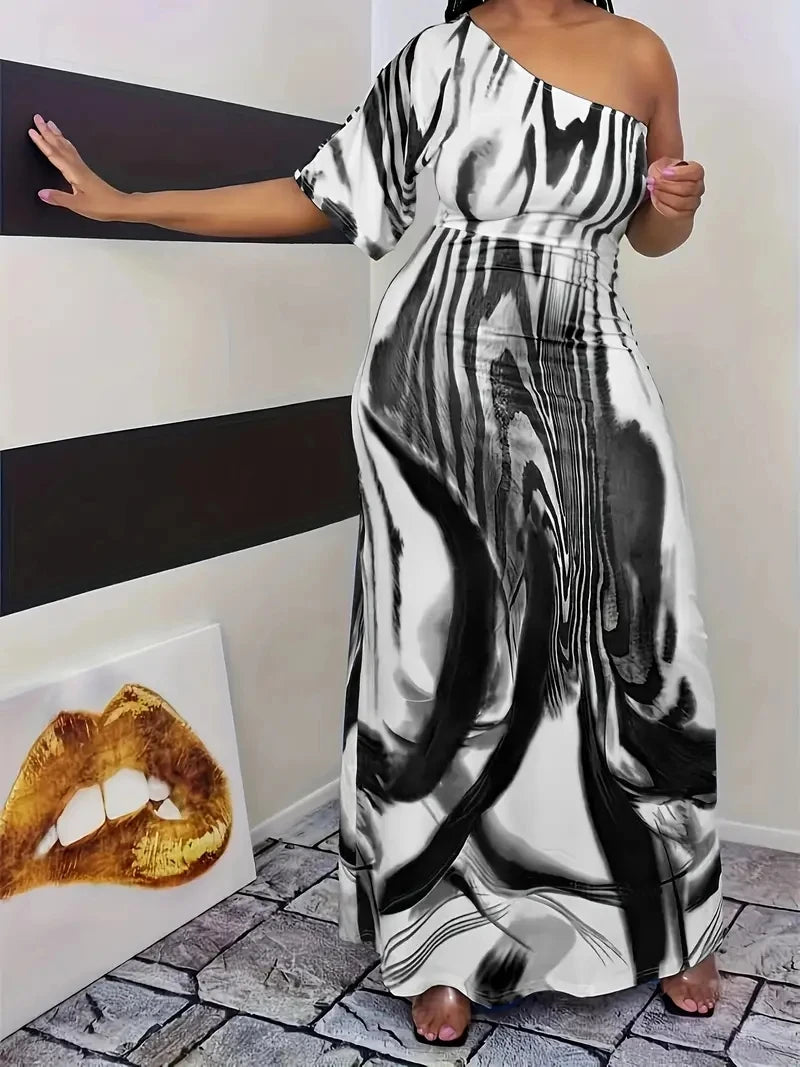 Plus Size Printed Single Sleeved Off Shoulder Dress