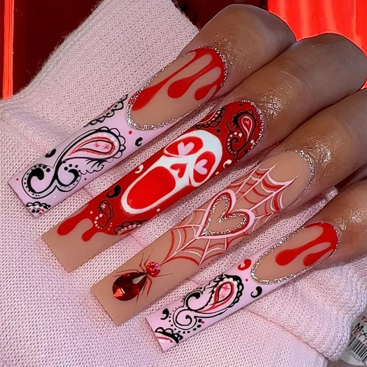 Scary Blood Skull Long Coffin Ballet Halloween Press on Nails