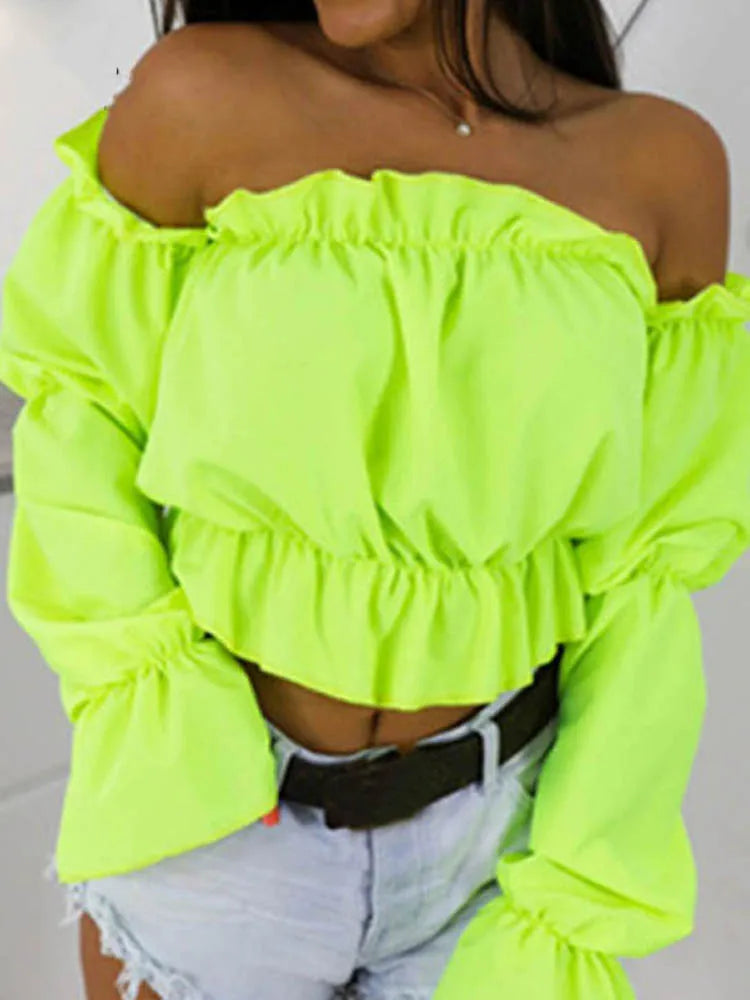 Candy Color Off Shoulder Crop Tops