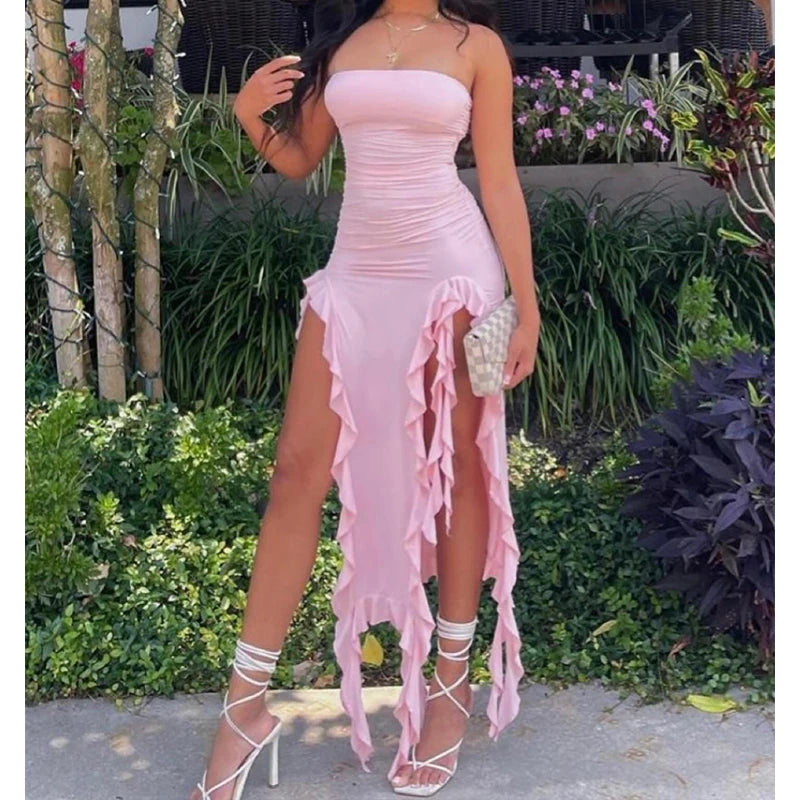 Strapless Floral Fold Hemline High Slit Mini Dress