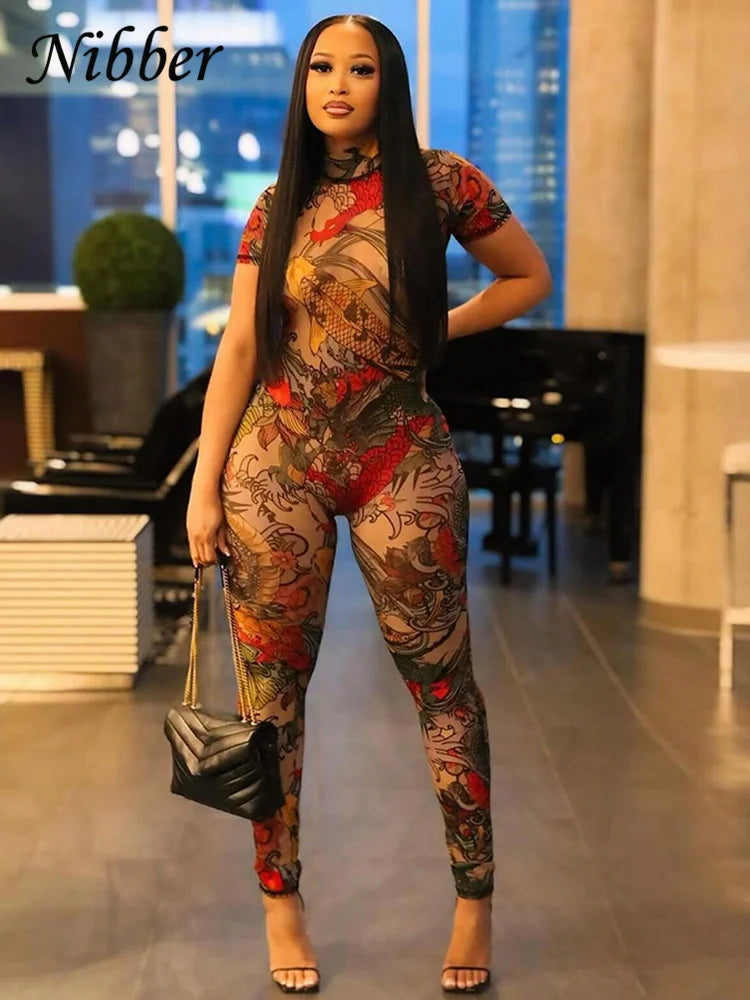 Women Backless Dragon Print Short Sleeve See Through Jumpsuit