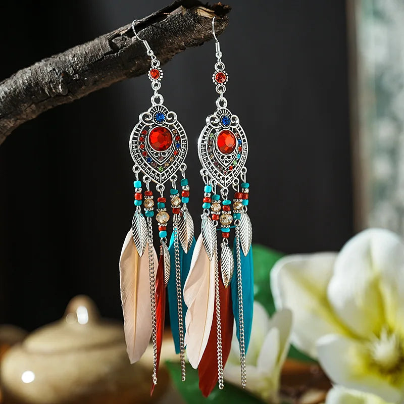 Boho Feather Long Leaf Tassel Drop Earrings