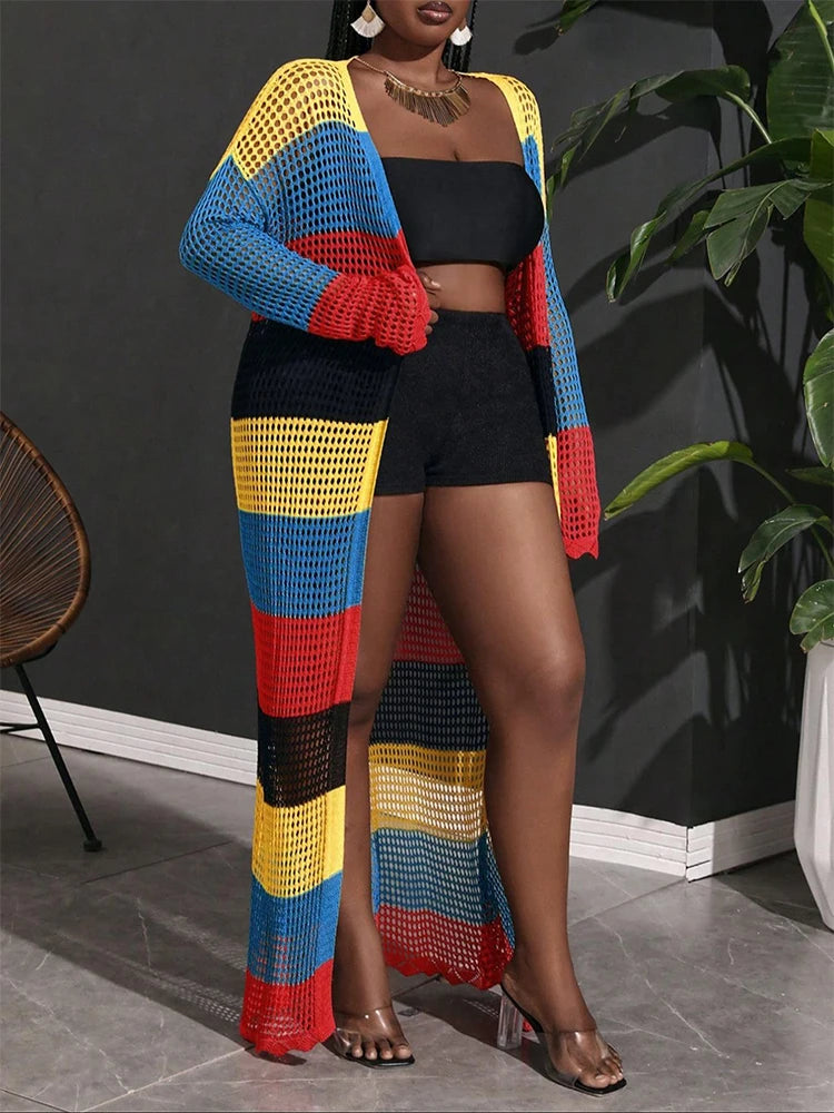 Plus-Size Color-Block Crochet Cardigan Bikini Cover-up