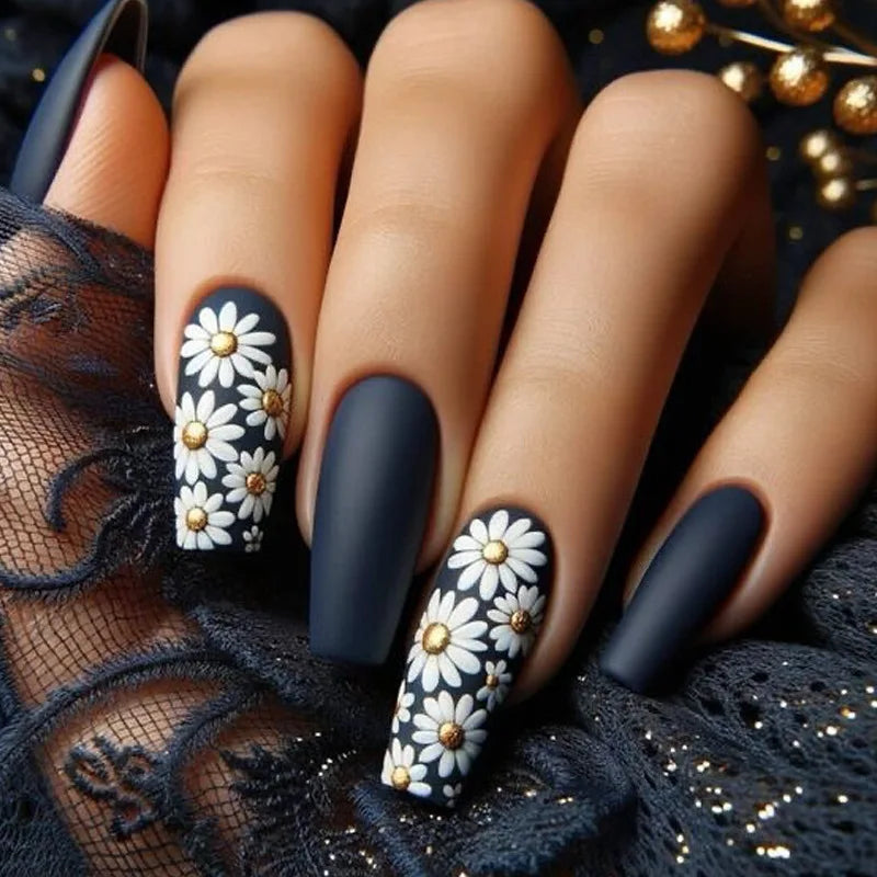 24pc Press on Nails Flower Design Mid-length Ballet