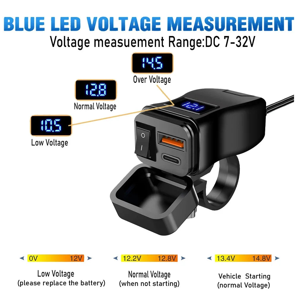 PD QC3.0 Motorcycle USB Fast Charger 60W Handlebar Dual USB Socket