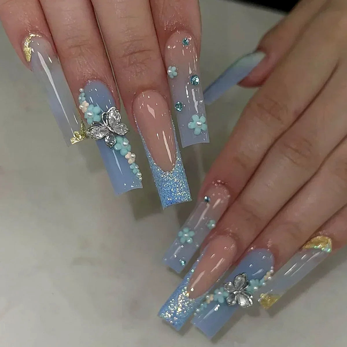 24Pcs Long Coffin Rhinestones Ballet Press on Nails