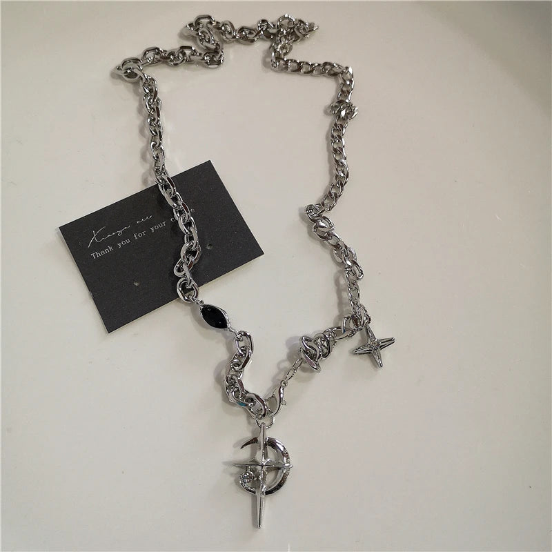 Punk Rock Goth Black Heart Cross Pendant Chain Necklace