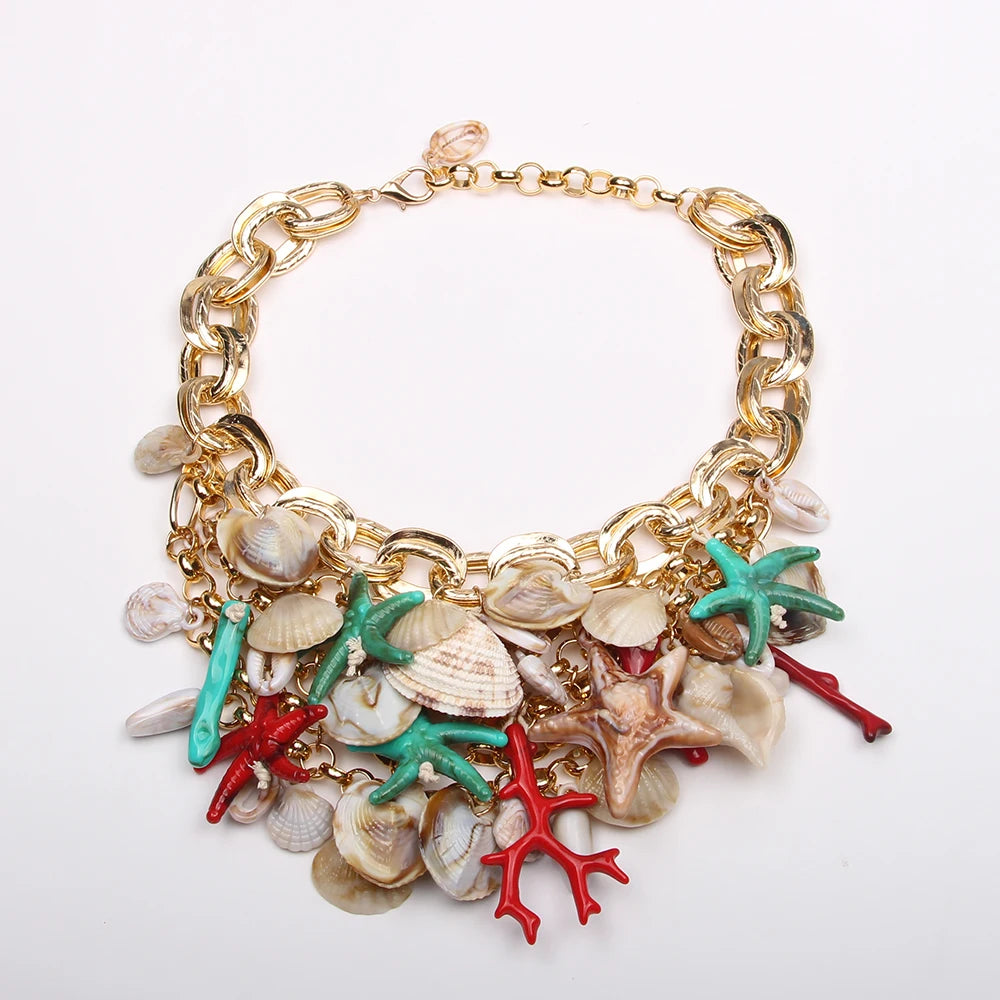 Statement Boho Beads Necklace Starfish&Shells Design