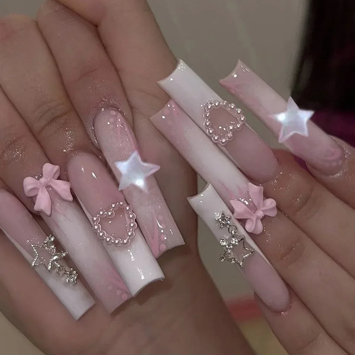 24Pc Long Ballet False Nails Pink Butterfly with Rhinestones French Design