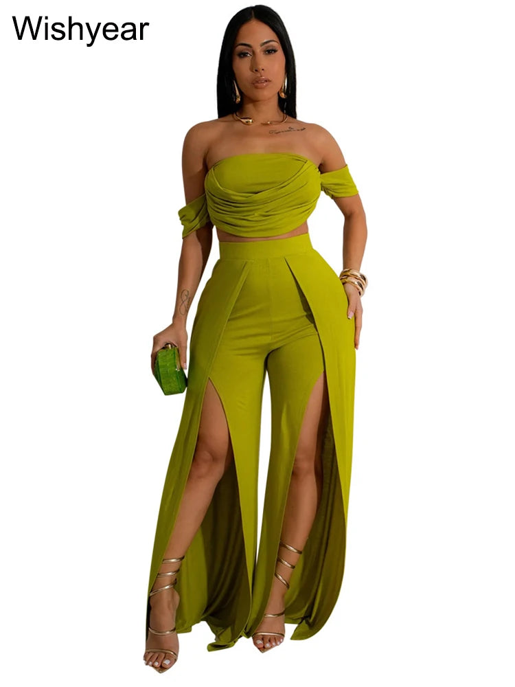 Strapless Crop Tops and High Split Wide Leg Pants