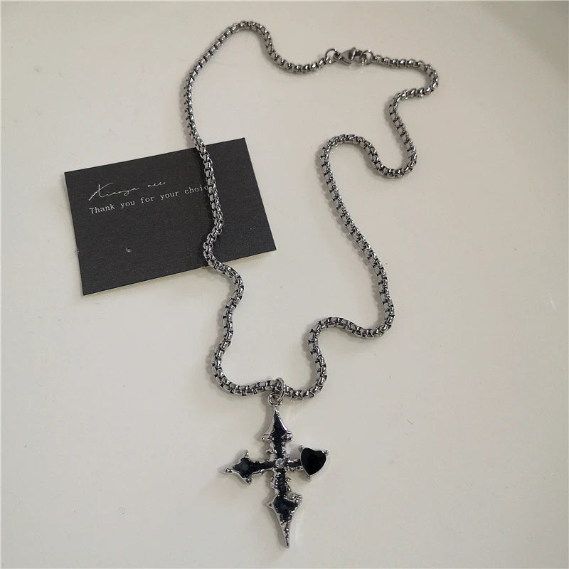 Punk Rock Goth Black Heart Cross Pendant Chain Necklace