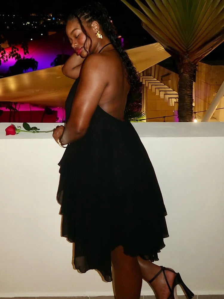 Lace-Up Halter Off Shoulder Backless Irregular Hem Dress