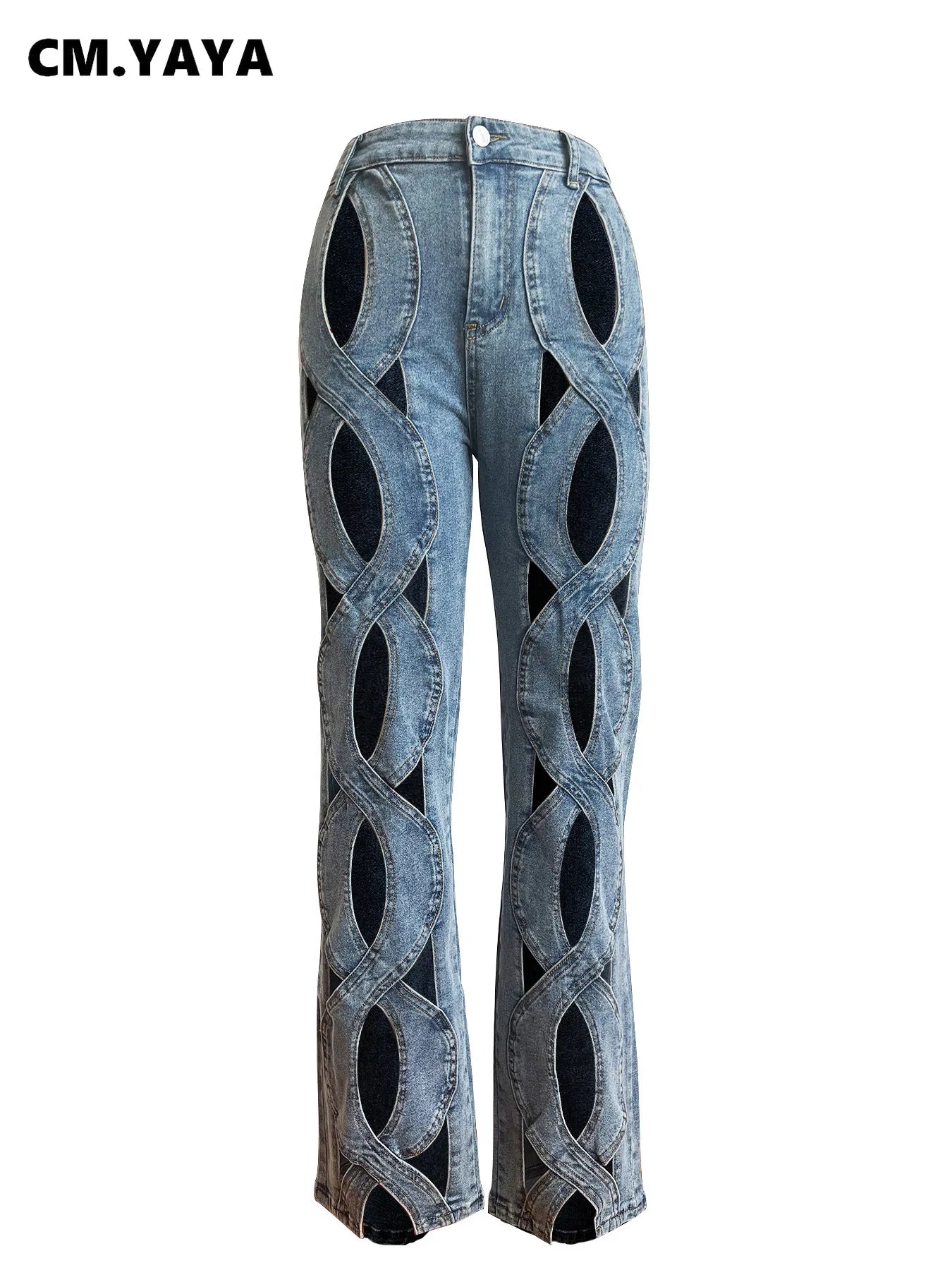 Women Vintage Cutout Hollow Out Criss Cross Straight Denim Pants