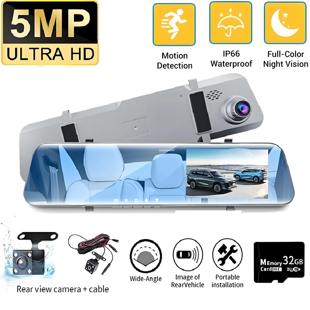 5MP Dash Cam Dual Lens Night Vision 12In DVR Rearview Mirror
