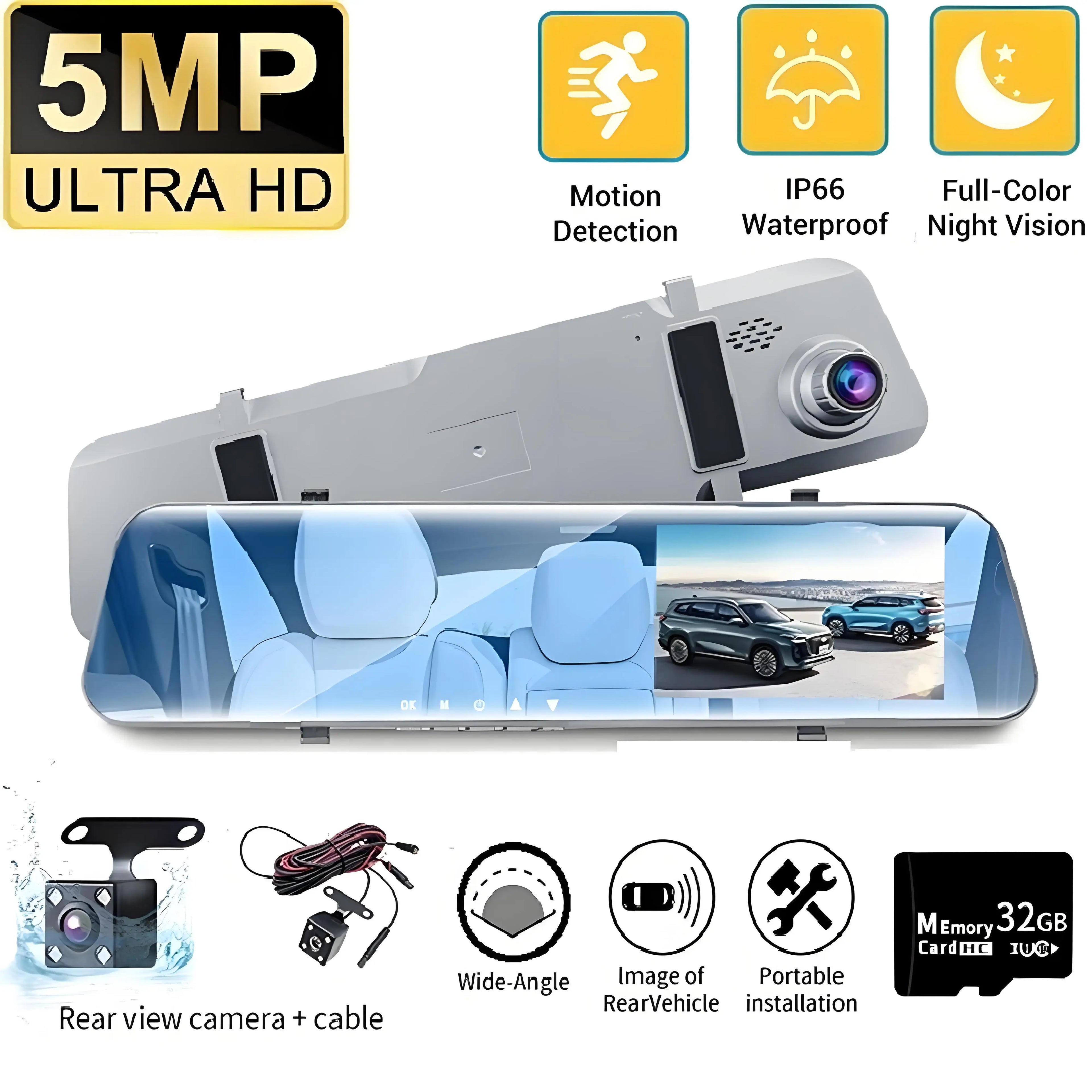 5MP Dash Cam Dual Lens Night Vision 12In DVR Rearview Mirror