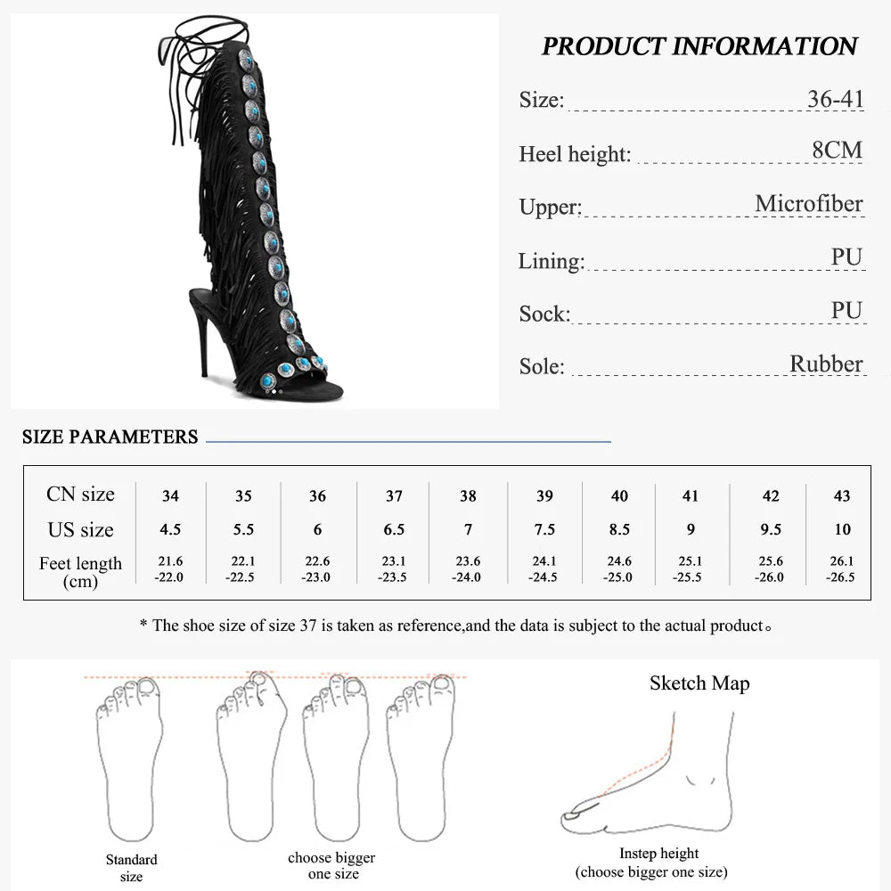 Women's Knee High Boots Fringe Strappy Sandals Open Toe Lace-up Tassels