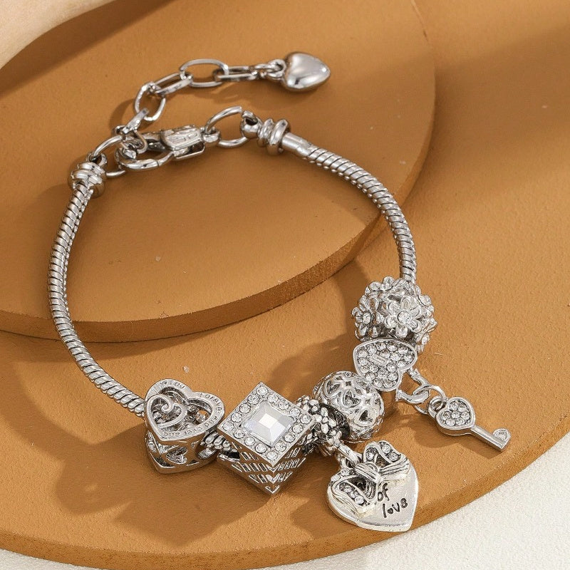 Stainless Steel Charm Bracelet With Rhinestone Heart& Key Charms