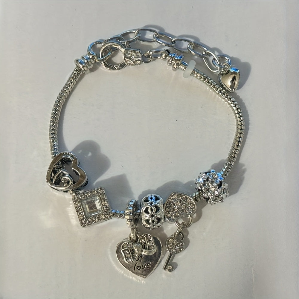 Stainless Steel Charm Bracelet With Rhinestone Heart& Key Charms